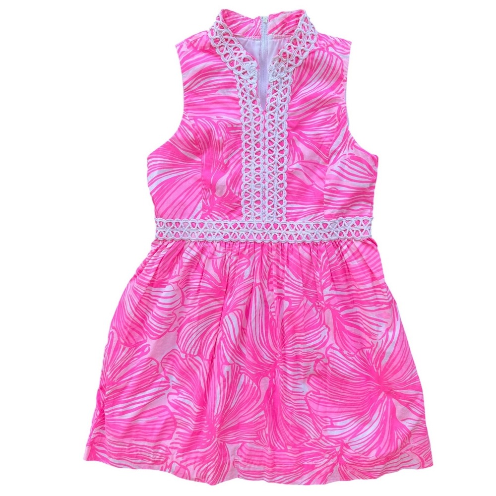 LILLY PULITZER Girl's Mini Franci Dress Vibrant Pink/White, Fronds Place Size 14